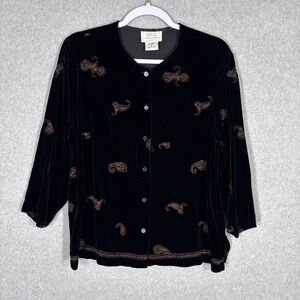 Vintage Field Manor Velvet Embroidered Cardigan Medium Black‎ Silk Paisley Gold